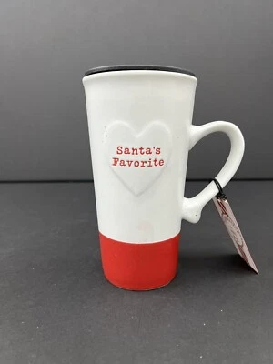 Caneca de viagem de Natal cerâmica favorita do Papai Noel vermelha branca hortelã-pimenta e pinho nova com etiquetas - Imagem 1 de 4