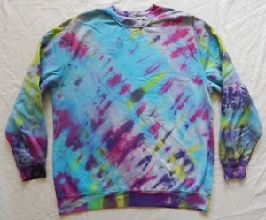 Tie Dye Purple Blue Striped Crew Sweatshirt - Large Mens Cotton Hand Made - Picture 1 of 5
