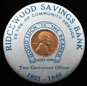 1946 Ridgewood Sparkasse Werbung Taschenspiegel mit ummanteltem Cent (63728) - Bild 1 von 2