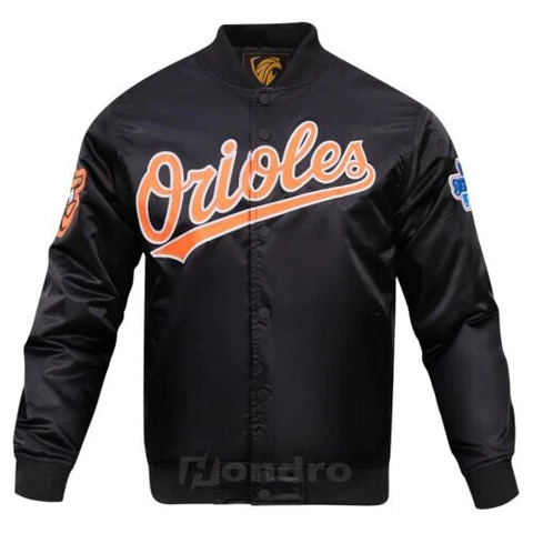 Baltimore Orioles MLB Black Satin Varsity Full Snap Jacket Embroided Logo Cover