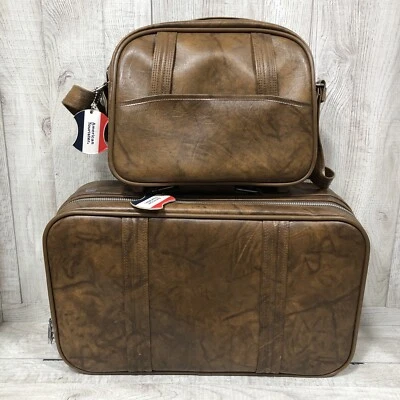 VTG American Tourister Carry-On Tote & Brown Suitcase Overnight Leather NO KEY - Image 1 of 4