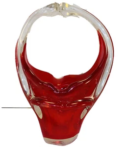 Cenicero de canasta de vidrio artístico soplado a mano pesado rojo a transparente mango dividido - Imagen 1 de 12