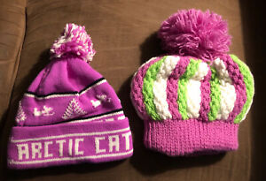 Lot of 2 Vintage 1970's Arctic Cat Snowmobile Purple Green White Knit Hats