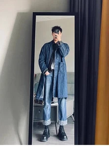 Men's Loose Single Breasted Trench Outwear Coat Jeans Denim Long Parka Jacket - Picture 1 of 7