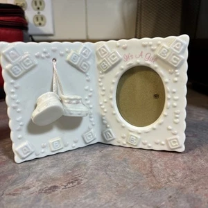 Small Book Style Ceramic “It’s A Girl” Picture Frame ABC White Hanging Baby Shoe - Picture 1 of 4