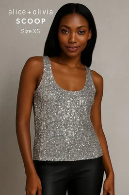 Camiseta sin mangas Alice + Olivia ❤️ SCOOP para mujer con lentejuelas plateadas XS Foto 1 de 4
