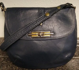 Vintage 80's Blue Leather Twist Lock Shoulder Bag Purse-10x9 - Picture 1 of 9