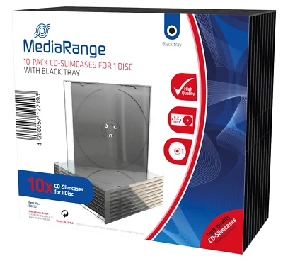 10 Mediarange 5.2mm Slim Slimline Single CD DVD Jewel Case Cases Black Tray - Image 1 of 2