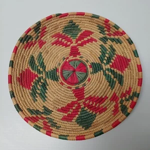 Vtg Handmade Coil Woven Grass Basket Bowl Plate Decor Boho Natural Pink Green  - Picture 1 of 8