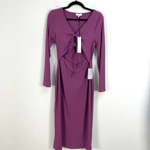 NEW NSR Womens Size Large Purple Ribbed Keyhole Front Midi Dress Long Sleeve - Picture 1 of 7