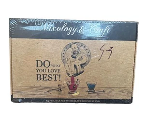 Mixology & Craft 15 Pc Bar Set with Round Wood Stand - Gold Colored Tools New - Picture 1 of 5