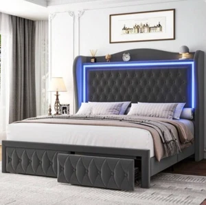 Queen Size LED Bed Frame with Storage PU Headboard Upholstered Platform Black - Picture 1 of 7