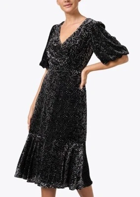 Shoshanna NWT $460 Collette Black & Grey Velvet Dot Midi Dress  - Image 1 of 4