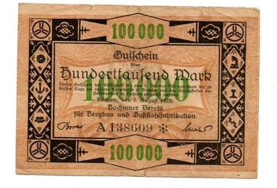 100 000  MARK  FINE  BANKNOTE  FROM  GERMANY/BOCHUM   1923 - Image 1 of 2