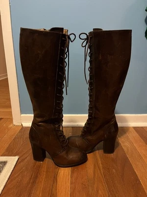 De Colección Frye Parker Cuero Con Cordones Cuero Marrón Botas Altas Tacón Alto Apilado Talla 7 Foto 1 de 4