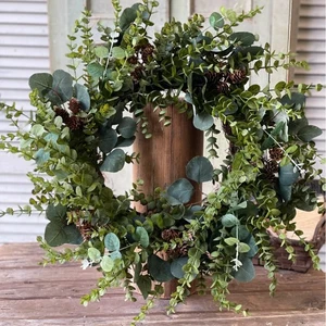 24" Faux Silver Dollar Eucalyptus Wreath - Christmas Holiday Door Decoration - Picture 1 of 4