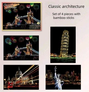 CLASSICAL BUILDINGS - 4 Sheets of Scratch Art - Art & Crafts For Adults Children - Picture 1 of 3