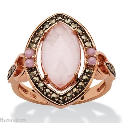 WOMENS ROSE GOLD PINK MARQUISE CAT'S EYE BLACK MARCASITE RING SIZE 6 7 8 9 10  - Image 1 of 3