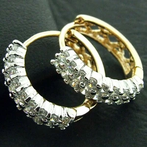 Hoop Huggie Earrings Genuine Real 18k Yellow Gold Filled Diamond Simulated Style - Picture 1 of 5