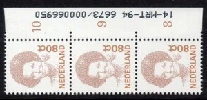 NETHERLANDS MNH 1991 SG1595 Beatrix 80c Dated Strip of 3, 14-March-94 - Picture 1 of 1