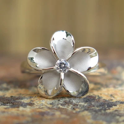 Hawaiian Jewelry 925 Silver Rhodium Plumeria CZ Wedding Ring Band 15mm SR2048 - Image 1 of 4