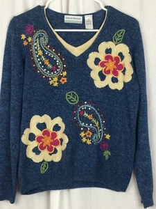 Alfred Dunner Sweater Blue paisley Floral Embellished Cotton Blend Size Petite S - Picture 1 of 8