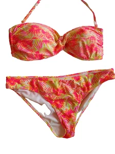 Multicoloured UK Large Floral Padded Halterneck Bandeau Bikini Brief Set - Picture 1 of 4