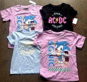 4 T Shirts Short Sleeve Sonic Pink Floyd AC/DC Blue Pink Black Girls 6/6X - Picture 1 of 8