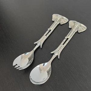 Maridadi Allen Hallett Pewter & Stainless Steel Elephant Salad Servers Embossed - Picture 1 of 16