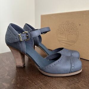 Timberland Women Size 8 EK Wingate Mary Jane Block Heel Leather Sandals Blue