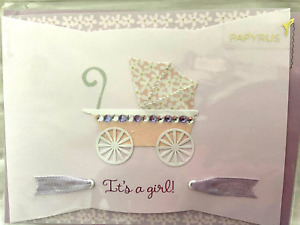 Papyrus New Baby Card - It's a girl! die-cut, gem, glitter, embroidered carriage