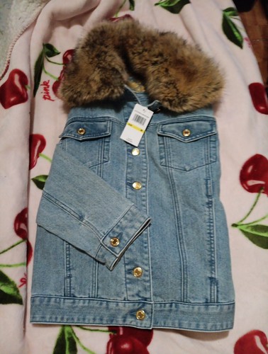 !! NUOVO!! Giacca jeans MICHAEL MICHAEL KORS pelliccia sintetica orlo colletto denim media