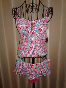 NWT • 2-Piece Bathing Suit • Tankini Swimsuit Top, M + Skirt Bottom, S • Kensie - Picture 1 of 19