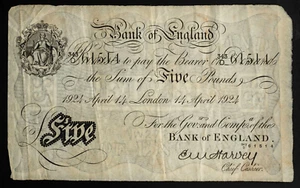 Great Britain. Bank of England 1924 April 14  5 Pounds, London.  P-312a - Picture 1 of 2