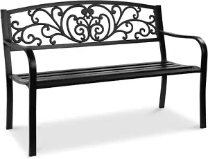 Outdoor Bench Steel Garden Patio Porch Furniture for Lawn, Park, Deck W/Floral D - Picture 1 of 7
