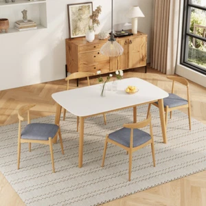 5-Piece Modern Dining Set Solid Wood Frame Table Beige Upholstered Chairs - Picture 1 of 22