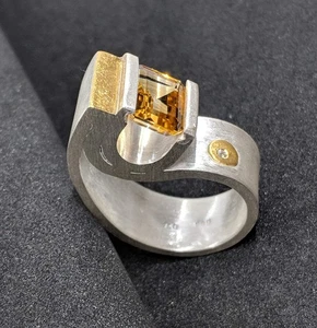 Ring mit gelben Citrin  weisser Diamant Feinsilber 999  Gold 750 Flamere Design - Bild 1 von 13