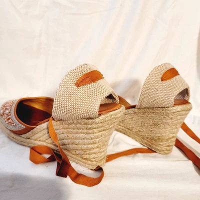 Vintage Women's Shoes Platform Heels Burnt Orange Rope by Montego Bay Size 9 - Image 1 of 4