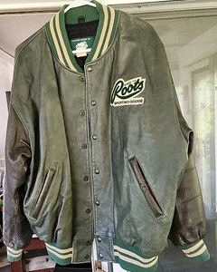 Vintage 90s Roots Canada Leather Bomber Jacket Men’s XL Green Built Ford Tough - Picture 1 of 9