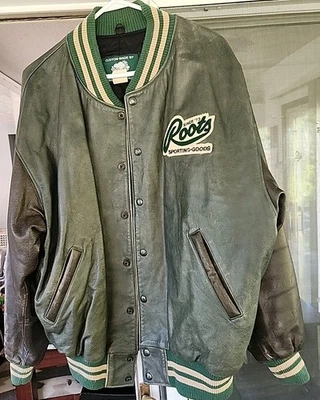 Chaqueta de bombardero de cuero vintage de los 90 Roots Canada para hombre XL verde construida Ford resistente Foto 1 de 4