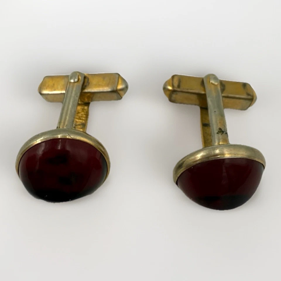 Vtg Swank USA Gold Tone Cufflinks Ruby Red Cabochon Mid-Century - Image 1 of 4