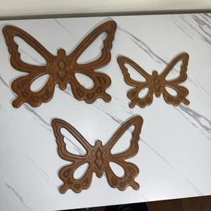 Set of 3 Vintage MCM Wooden Wood Butterfly Wall Art Mid Century Hanging Decor - Picture 1 of 13