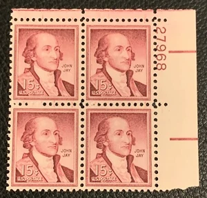 1958 US SCOTT #1046 JOHN JAY 15CENTS PLATE BLOCK OF 4 MNH OG VF - Picture 1 of 3