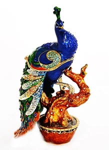 Bejeweled Peacock on Branch Trinket Box. Hand Made with Crystals & Enamel - Picture 1 of 4