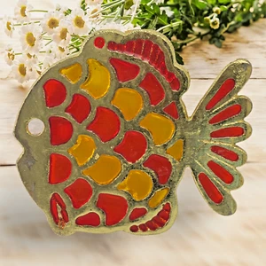 Vintage Metall Fischform Untersetzer Kochplatte hängend Buntglas rot gelb - Bild 1 von 7