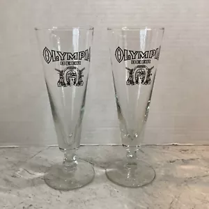 Pair Olympia Beer Glasses 6 Sided Stemmed Pilsner Black Good Luck Horseshoe Logo - Picture 1 of 6