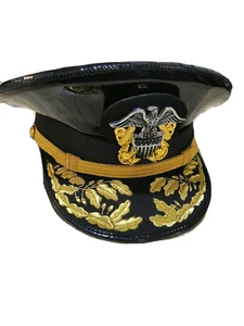 WW2 US Navy Commander Admiral Hat Black PVC Waterproof Visor Embroidered Hats  - Picture 1 of 7