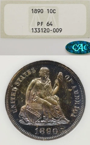 1890 10C NGC CAC PF64 Toned Proof Seated Liberty Dime PR64 Fatty Holder Embossed Cover