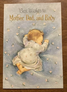 Vintage 60er Jahre Neu Baby Neugeborene Glückwunschkarte Schlaf Baby Decke P8a - Bild 1 von 16