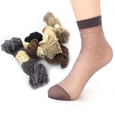 10 Paia Di Calzini Ultrasottili In Seta Cristallo Trasparente Con Pois  ☆ - Immagine 1 di 4